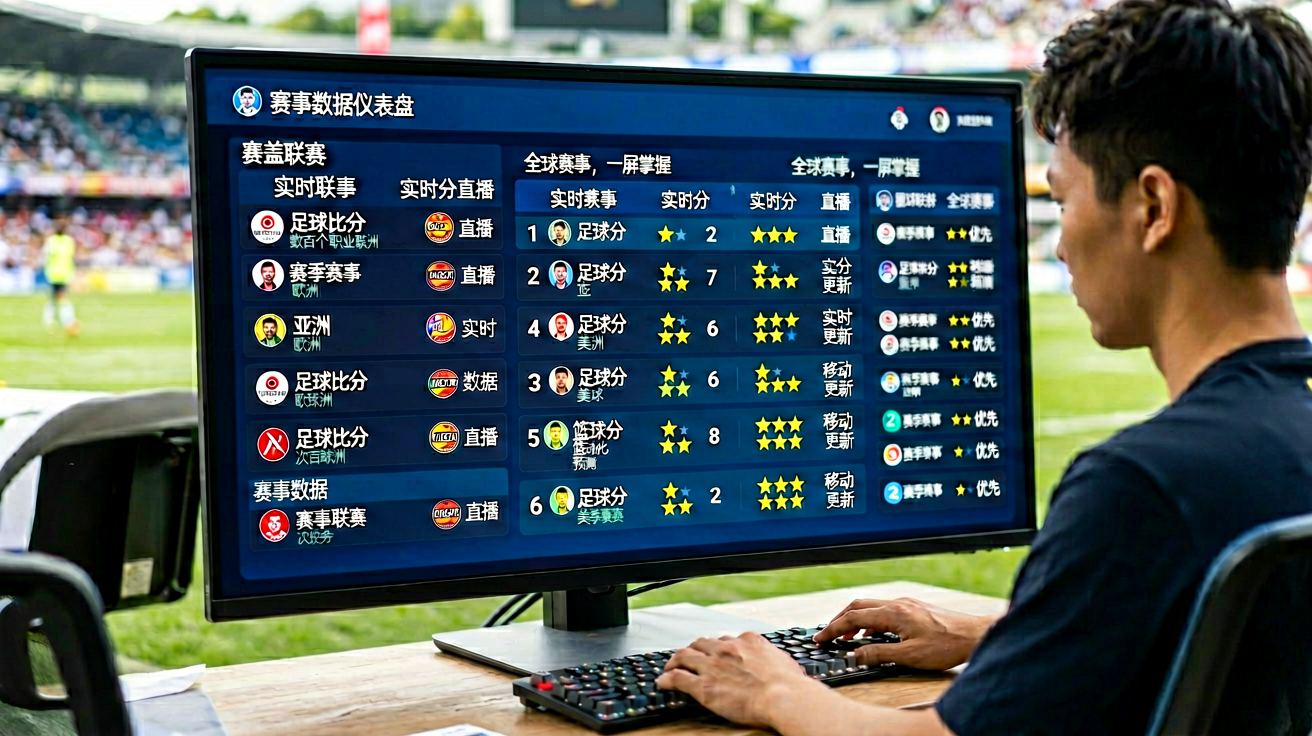 赛事数据仪表盘界面，展示足球和篮球比赛的实时比分、排名和统计数据的可视化布局